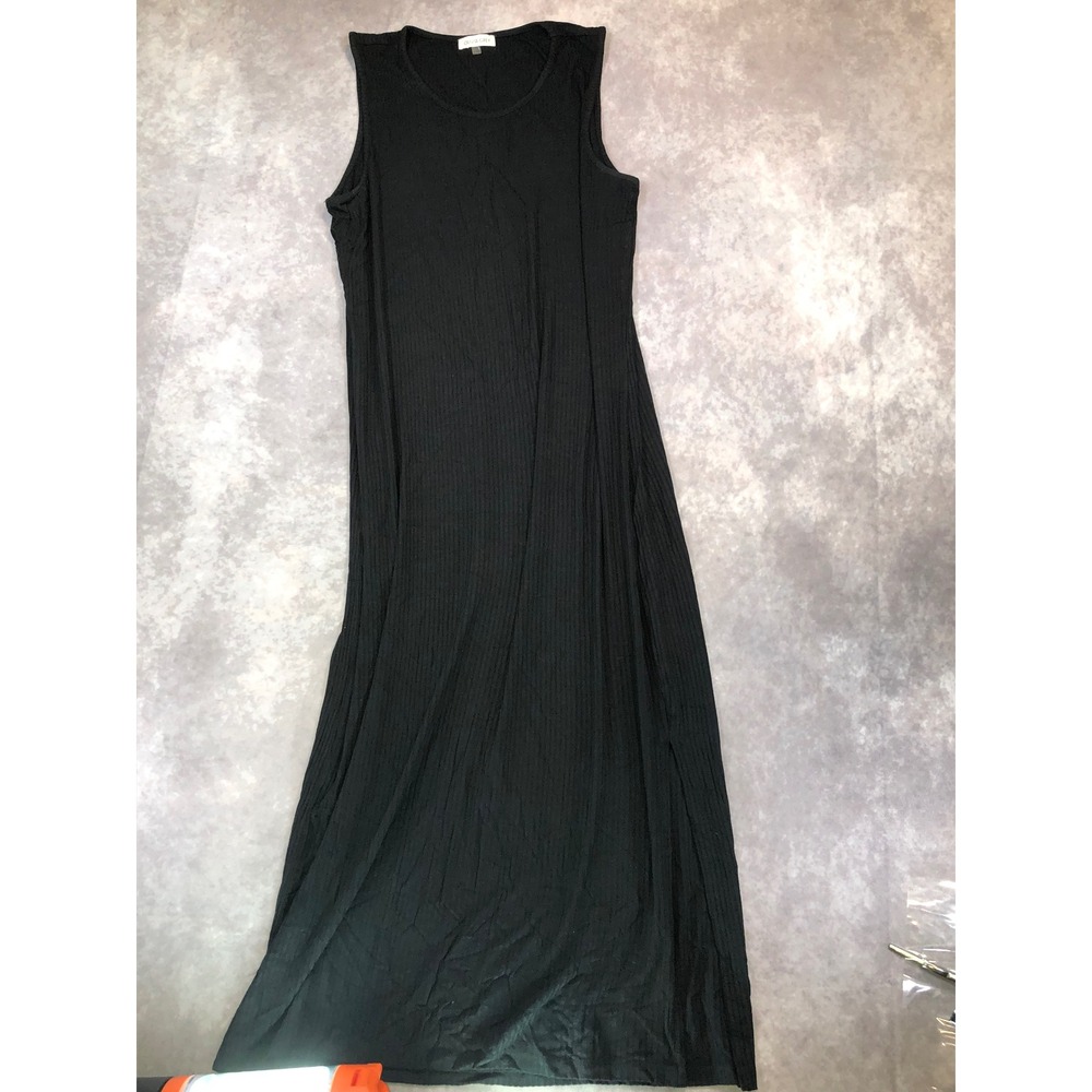Olivia Grey Black Ribbed Sleeveless Maxi Dress Large Crew Neck Column Knit